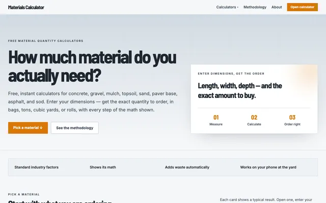 Materials Calculator homepage